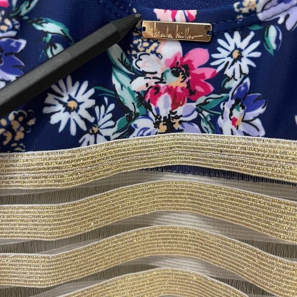 NICOLE MILLER Navy Blue Floral Bathing Suit Swimsuit Mesh One Piece Size Medium - Picture 6 of 8